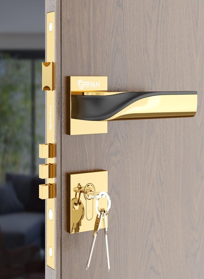 GRIVAN Elegance Brass Mortise Lock for Door, Bedroom, Balcony, Store Room Handle Set for Main & Internal Doors Durable Lock Body & 3 Keys Included (Gold, Black Finish) | 2 Years Warranty - Image 1
